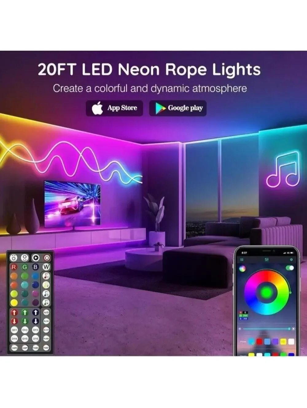 Neon Rope LED 20Ft Lights – Flexible, Dimmable, Remote Control, Vibrant Glow!